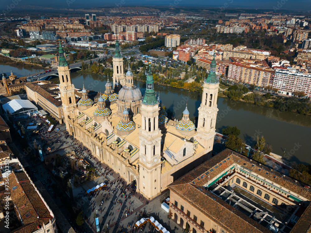 Aerial view of Zaragoza with Cathedral-Basilica of Our Lady of Pillar on bank of Ebro river, Spain
