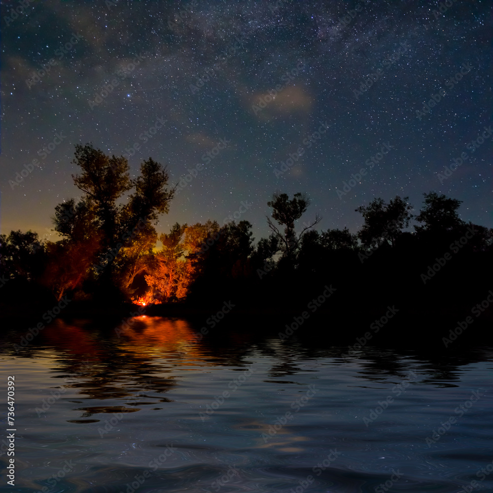 Fototapeta premium touristic camp fire on lake coast under a starry sky, summer night travel scene