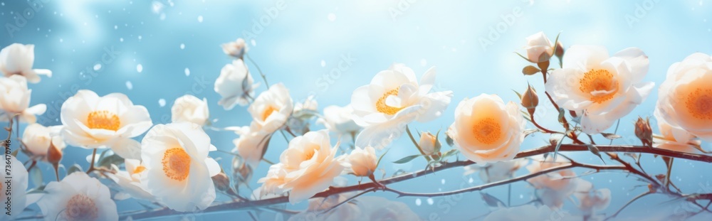white roses against the blue sky