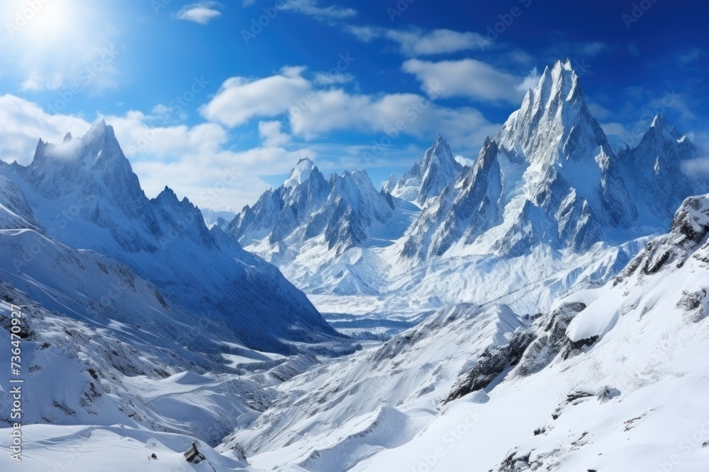 A mountain range completely covered in snow beneath a clear blue sky.