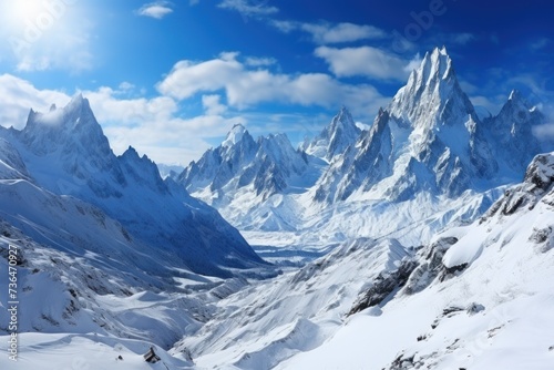 A mountain range completely covered in snow beneath a clear blue sky.