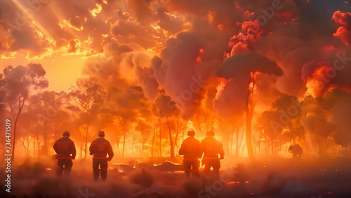 group of firefighters stand in front of a burning forest, in the style of tabletop photography, 8k resolution, australian landscapes,generative ai photo