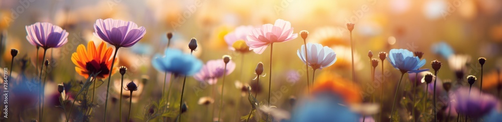 colorful flowers on the meadow with sun rays. blurred flowers on a sunny day