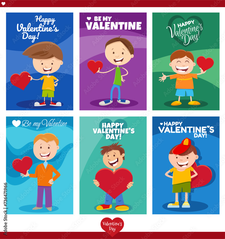 cartoon boys with Valentine cards on Valentines Day set