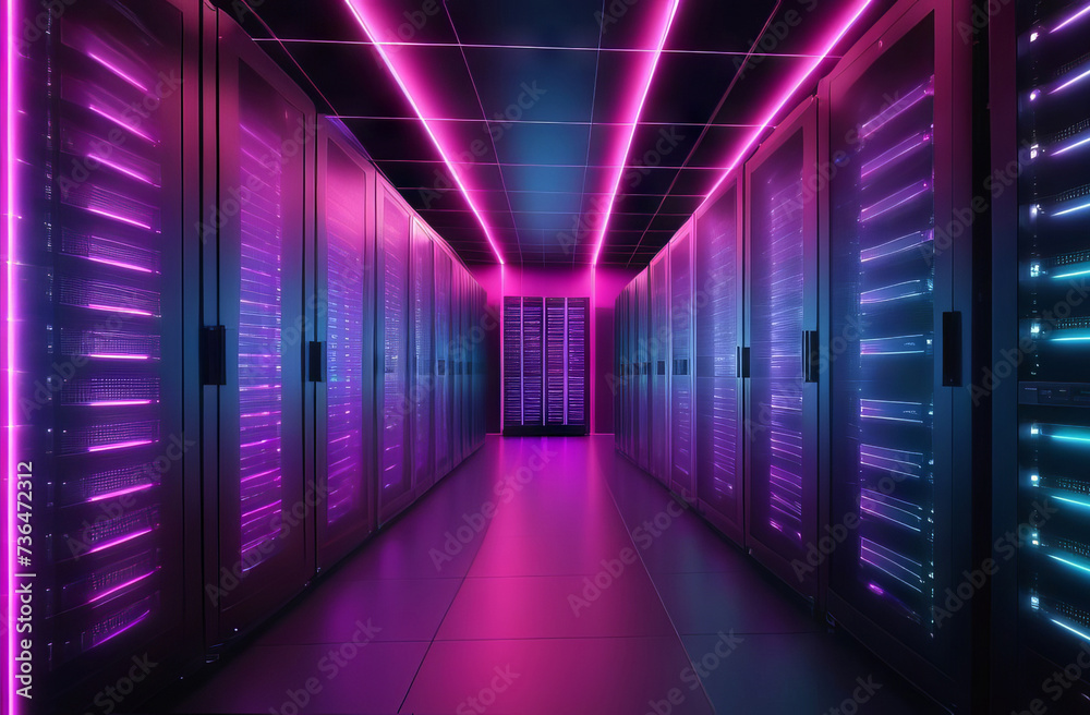 Data Center Full of Rack Servers and Supercomputers with High Internet Visualisation Projection. Big data dark server room with bright neon light Data Center Full of Rack Servers and Supercomputers with High Internet Visualisation Projection. Big data dark server room with bright neon light