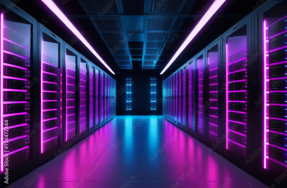 Data Center Full of Rack Servers and Supercomputers with High Internet Visualisation Projection. Big data dark server room with bright neon light