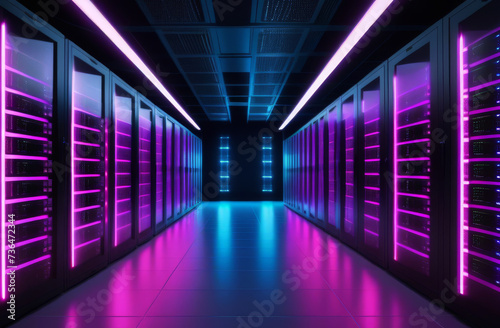 Data Center Full of Rack Servers and Supercomputers with High Internet Visualisation Projection. Big data dark server room with bright neon light