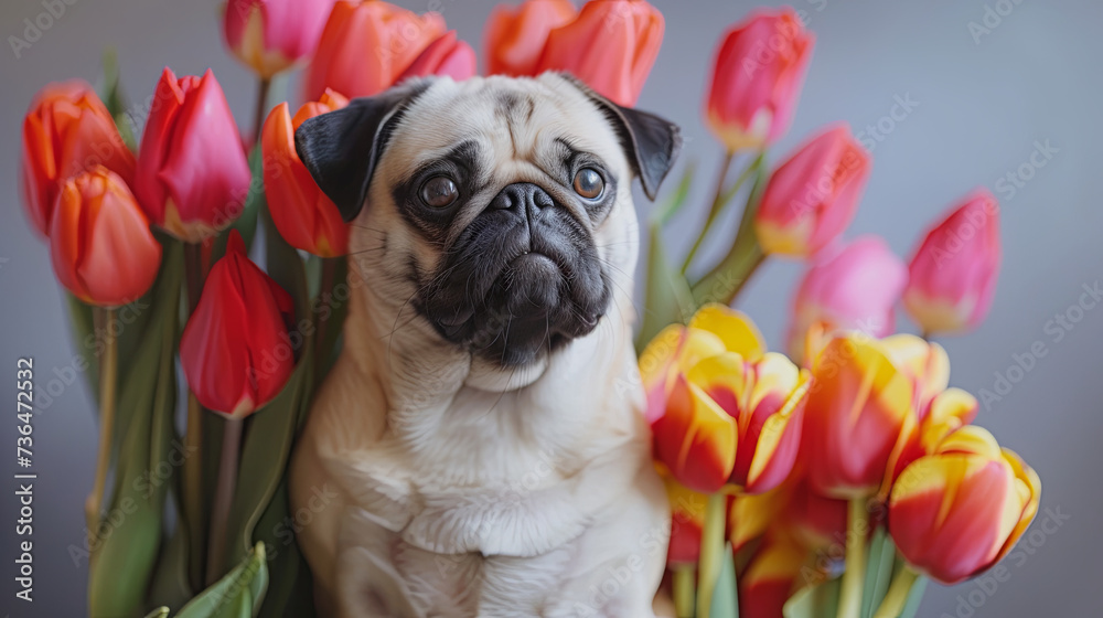 Beige cute pug with a beautiful bouquet of tulips on a gray background
