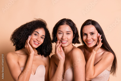 Photo of adorable shiny women wear lingerie no retouch after acne scars skin smiling isolated pastel beige color background