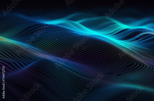 Abstract technology wave of particles background. Big data visualization. Dark digital background with neon light lines. Artificial intelligence.