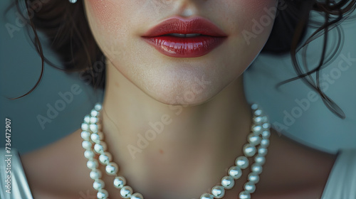 Elegant Close-up of Woman with Pearl Necklace, cropped photo of beautiful woman wearing pearls