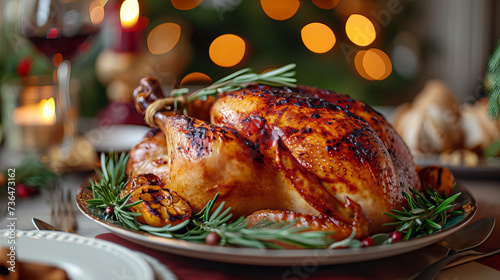 Festive Roasted Chicken Garnished with Rosemary on a Holiday Table