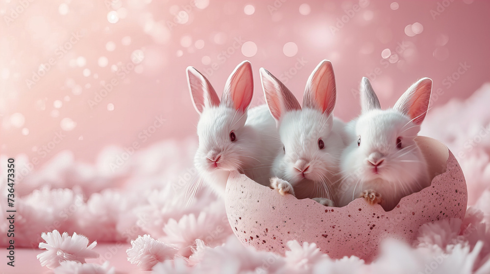 Three White Bunnies in Pink Eggshell on Floral Background - Easter Concept