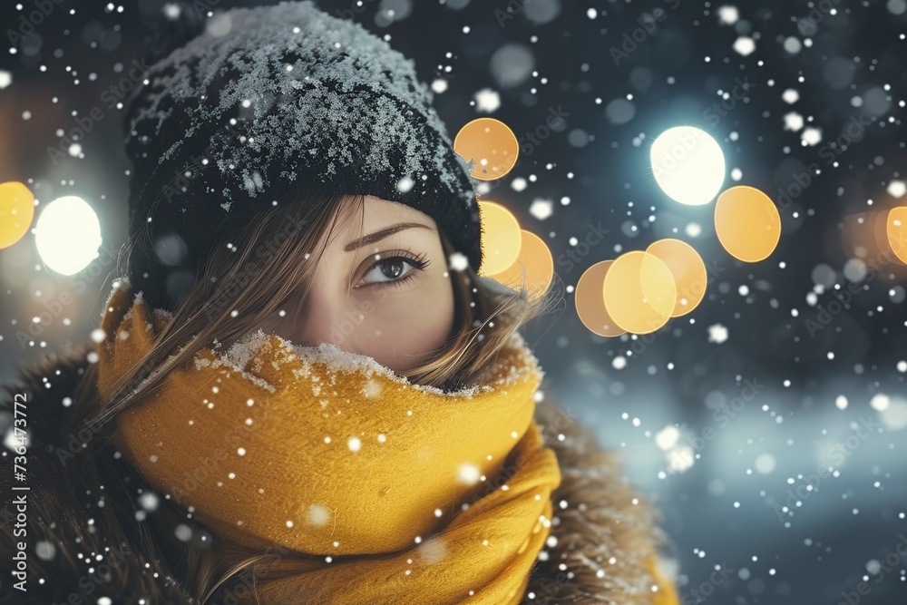 woman under snow in winter night with yellow reflective scarf woman under snow in winter night with yellow reflective scarf