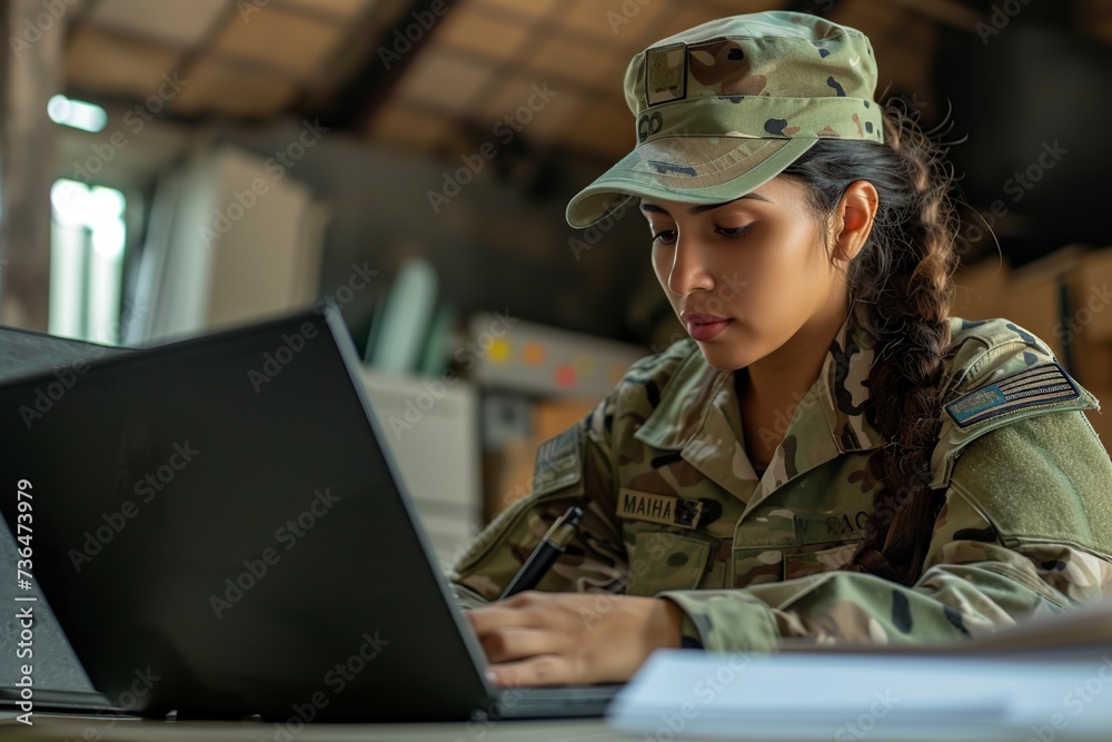 young army soldier using laptop typing