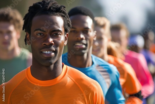 A Group of Men in Orange and Blue Shirts
