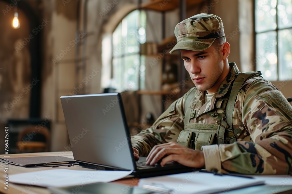 young military man using his laptop writing - obrazy, fototapety, plakaty 