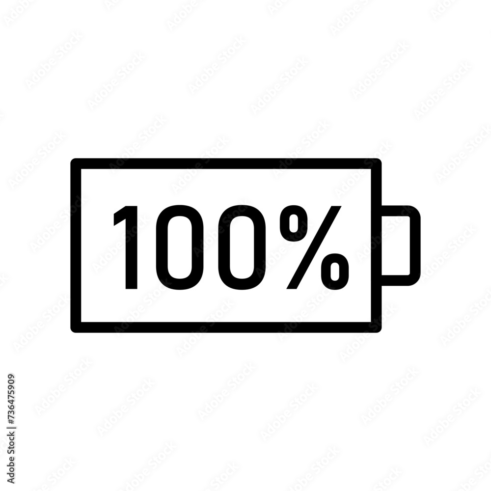 Vector black line icon 100 percent battery charge isolated on white background Vector black line icon 100 percent battery charge isolated on white background