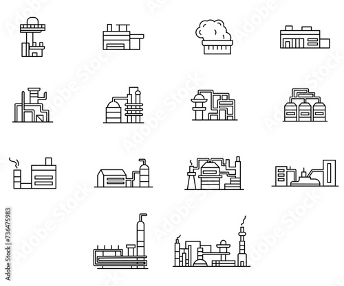 Vector line icon set industry building. Business outline factory construction and warehouse manufacturing. Energy tower and power exterior building structure