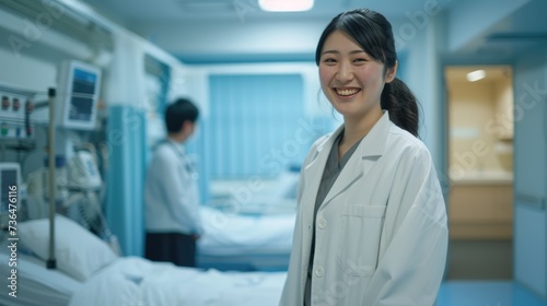 In the foreground, a young, joyful female doctor with dark hair, dressed in a white lab coat, is standing and smiling confidently at the camera. The background shows a well-equipped hospital room with