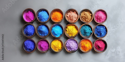 This image showcases a collection of small, round containers neatly arranged in rows, each filled with brightly colored powdered pigments. The hues range from vivid blues and pinks to deep purples, br