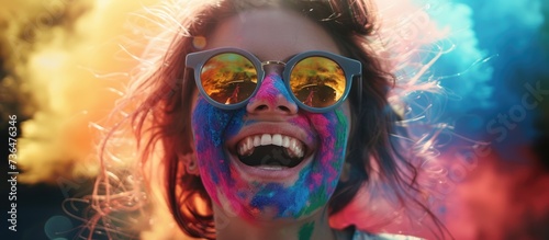 In the image, an exuberant individual is captured with a wide smile, wearing sunglasses that reflect the vibrant colors around them. Their face and hair are splattered with an array of vivid paints, s