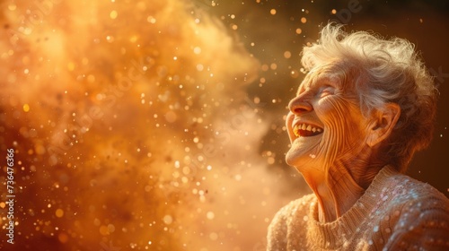 The image captures a joyful elderly woman with white hair, wearing a cozy sweater, as she laughs wholeheartedly with her head tilted back. The backdrop is illuminated with a warm golden glow that rese photo