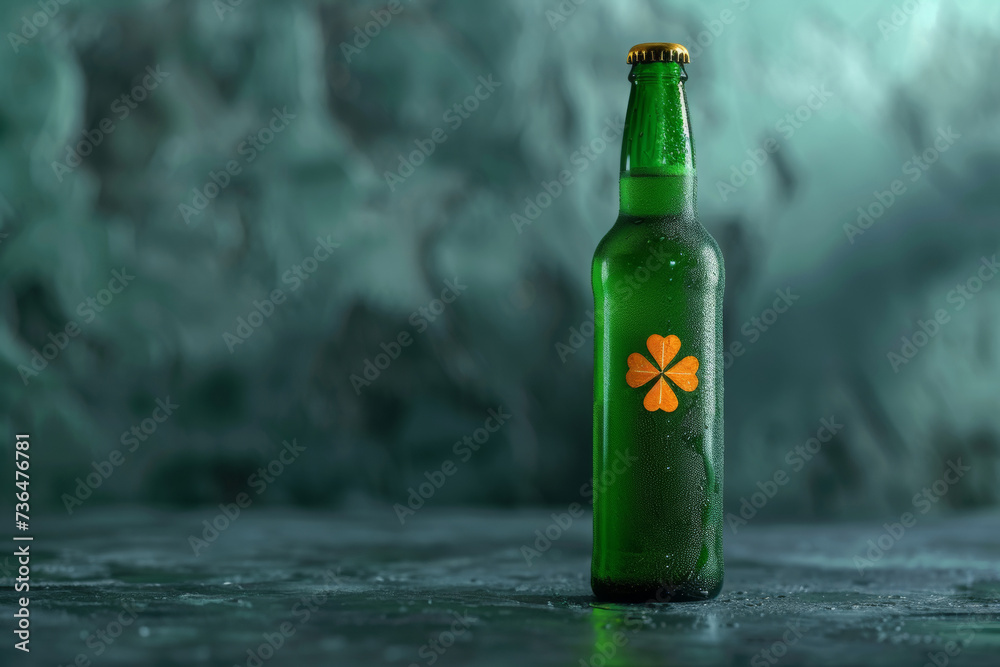 St. Patrick's Day celebration. Green beer bottle standing against dark green background, decorated with orange clove leaf. Traditional Irish holiday in March St. Patrick's Day celebration. Green beer bottle standing against dark green background, decorated with orange clove leaf. Traditional Irish holiday in March