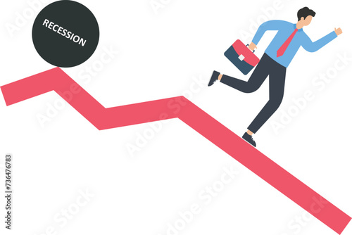 Businessman runs away from economic recession, Financial crisis, Market downturn, Survival and Risk management, Economic challenges or Business strategy concept,  photo