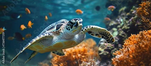 Hawksbill sea turtle swims in Bali s coral reefs.
