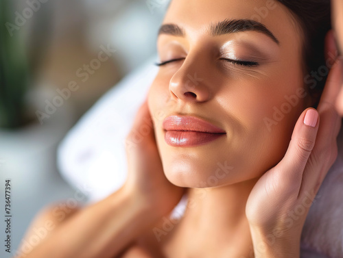 Woman Enjoying a Facial Massage. Woman receiving a professional facial massage at a spa, focus on calmness and relaxation.