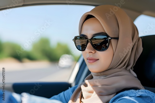 portrait of a beautiful Muslim young woman in a beige hijab and sunglasses,sitting in a car,the concept of combating discrimination,the success and independence of Muslim women,cultural diversity © Наталья Лазарева