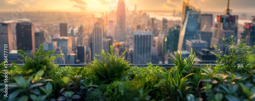 Roofing the city with urban rooftop gardens: A serene green oasis above the skyline. Concept Urban Jungle, City Oasis, Sky High Gardens, Green Roofs, Serene Skylines photo