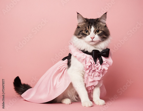 Black and white fluffy cute cat on a pink background in a pink dress. Glamorous pet