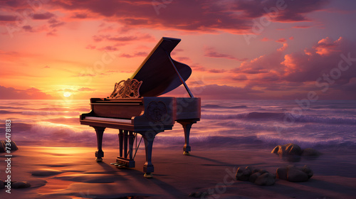 A piano on the beach with the sun setting behind it,, Grand piano standing at nature and in interior Pro Photo
