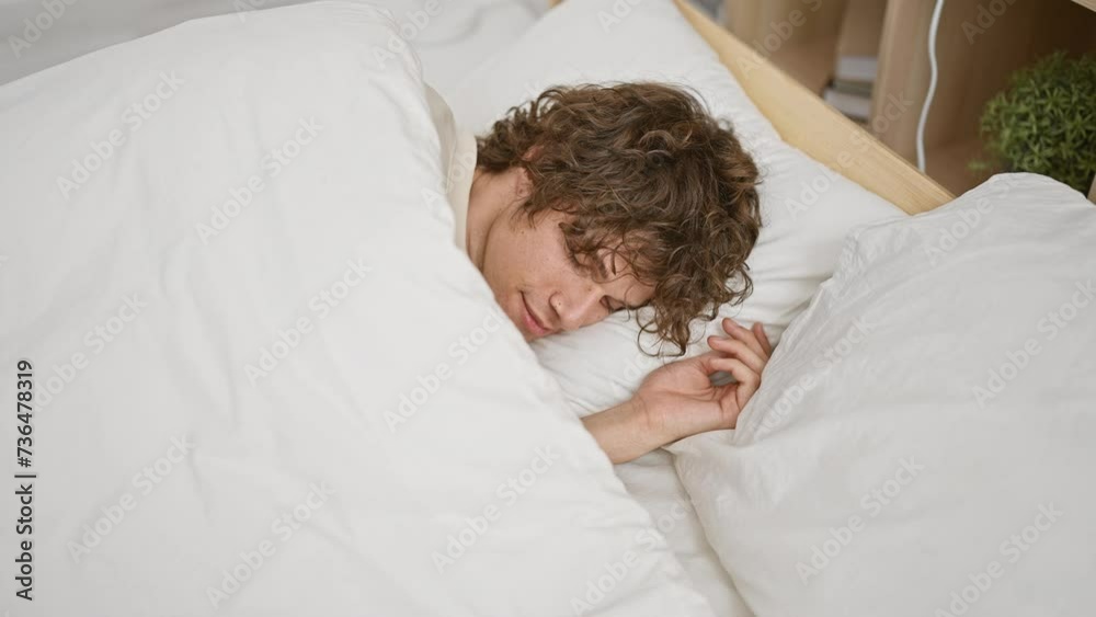 A peaceful young man sleeping soundly in a cozy, well-lit bedroom with white bedding and a wooden headboard A peaceful young man sleeping soundly in a cozy, well-lit bedroom with white bedding and a wooden headboard
