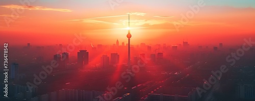 Sunset colors illuminate Berlin skyline showcasing iconic Fernsehturm Berlin Television Tower. Concept Berlin Skyline, Sunset Colors, Fernsehturm Berlin, Television Tower, Illumination photo