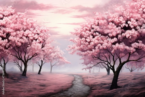 Pink magical forest. Night dream. Generate Ai