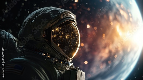 An astronaut in a suit on the background of a planet, a man in space