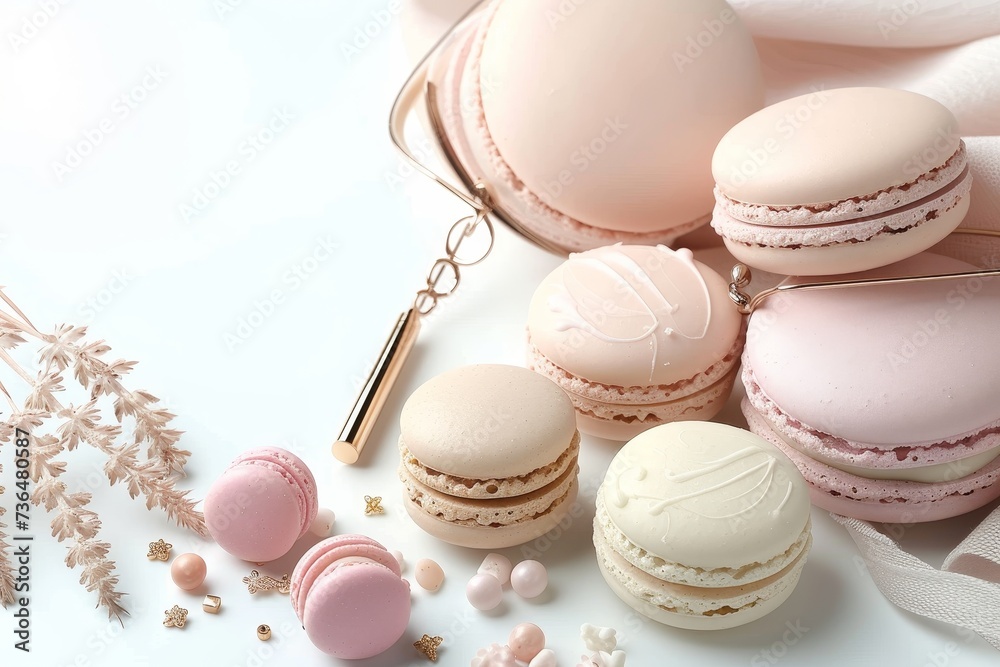 Fototapeta premium A decadent display of delicate pink and white macaroons, embodying the perfect balance of sweetness and elegance, nestled in a cozy indoor setting