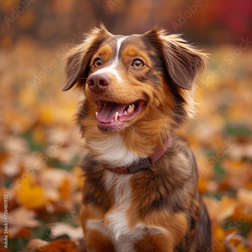 A playful australian shepherd puppy rests amongst the autumn leaves, showcasing the loyalty and love of our beloved canine companions