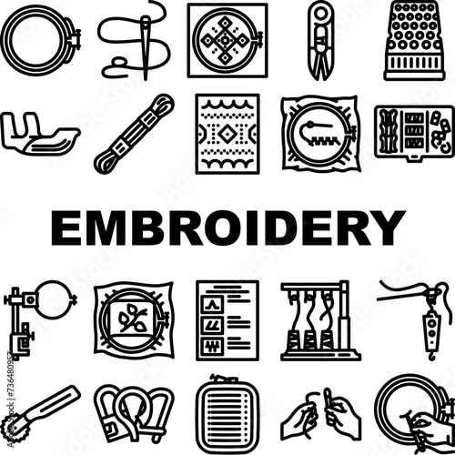 embroidery thread fabric needle icons set vector