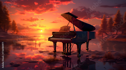 Piano sitting on top of a snow covered field,, A painting of a man playing a piano on a beach 