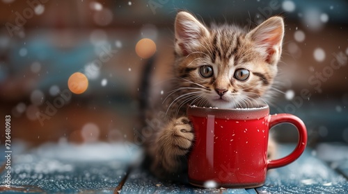 A Felidae cat is holding a red coffee cup of hot chocolate on a table. The carnivores small to mediumsized cats snout can be seen near the drinkware photo
