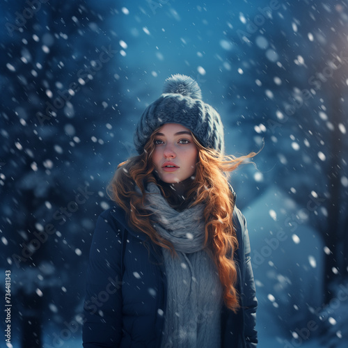 a young redhead girl in a winter hat looking at the snow outside in a blue background, invernal ambience.