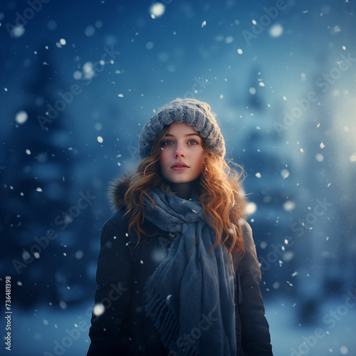 a young redhead girl in a winter hat looking at the snow outside in a blue background, invernal ambience.