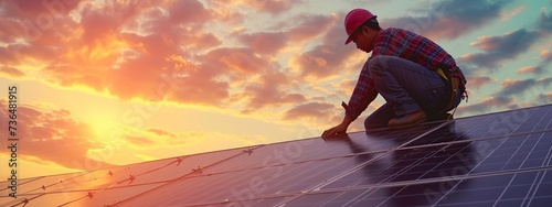 worker on a roof installs solar panels