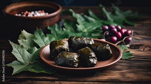 Dolma stuffed grape leaves with rice and meat on wooden table photo