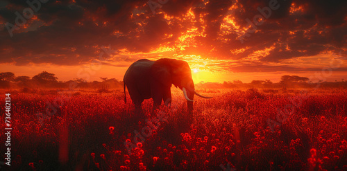 The elephant at the red sunset
