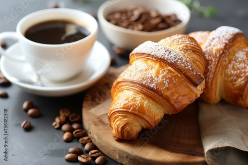 A rustic breakfast spread of a freshly baked croissant and steaming cup of coffee on a wooden board  complete with elegant serveware and cozy indoor vibes